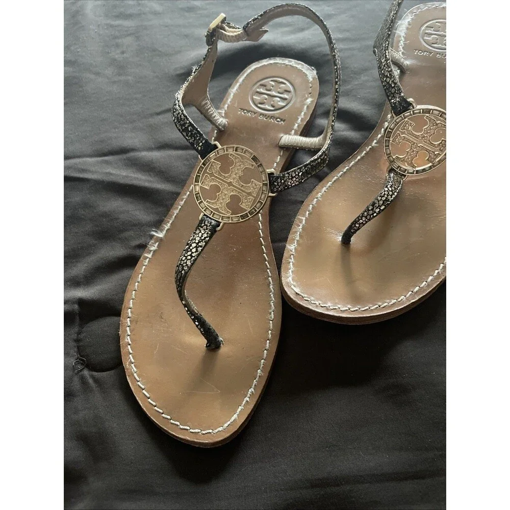 Tory Burch Sandal Women Size 8  T-Strap Thong Black /Gold Leather  Rhinestone